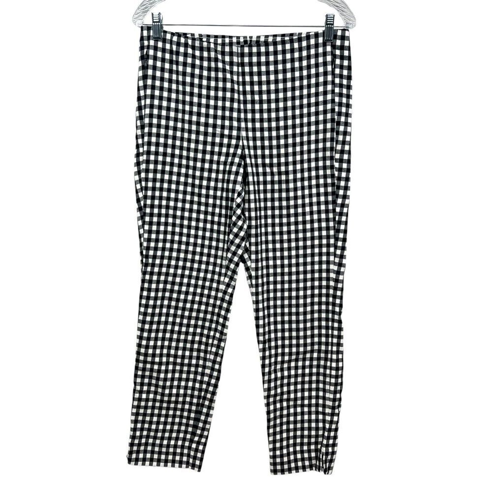 J. Jill Womens Essential Pants Gingham Plaid Stretch Zip Waist Black White Sz 8*
